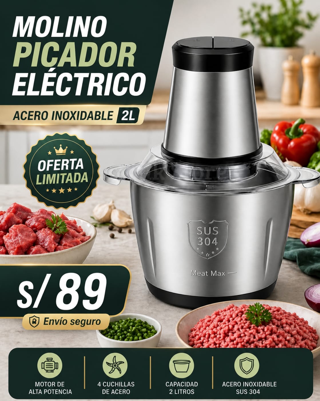 🔪 Molino Picador Eléctrico Acero Inoxidable 🔥